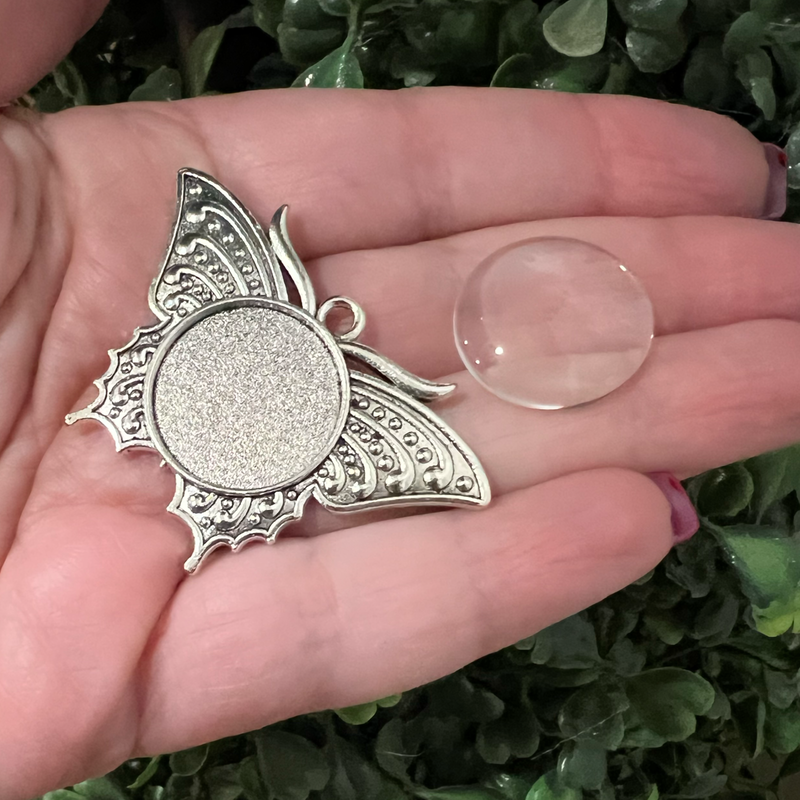 Set of 2: Silver Butterfly Pendants (Incl. Glass Cabochons)