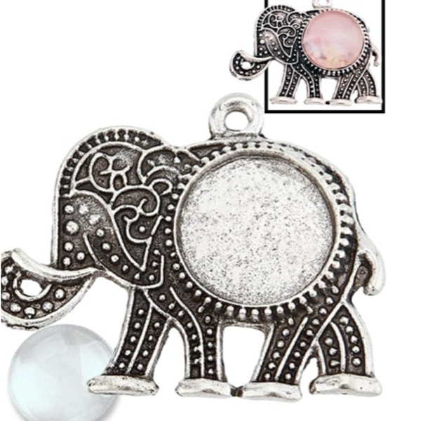 Set of 2: Silver Elephant Pendants (Incl. Glass Cabochons)