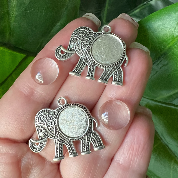 Set of 2: Silver Elephant Pendants (Incl. Glass Cabochons)